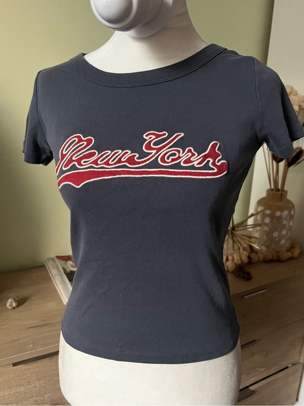 Navy & Red New York Baby Tee 100% Cotton Fitted Stretch Short-Sleeve T-Shirt